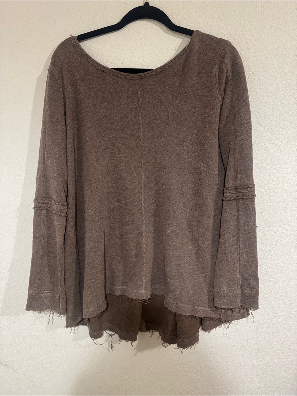 Free People Washed Taupe Long-Sleeve Raw Hem Top